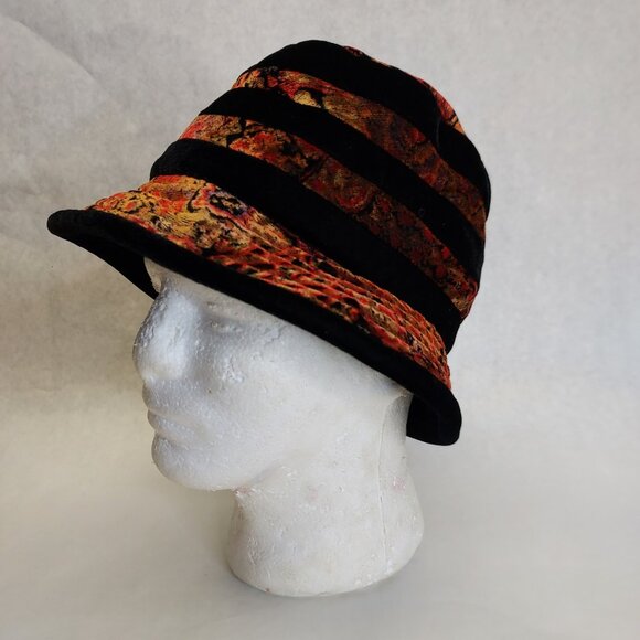 Scala Collezione Bucket Hat Women's Black Floral Stripe Velvet Velour Cloche O/S - Picture 5 of 14
